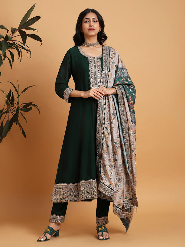 Dark green anarkali kurta set with cream printed dupatta