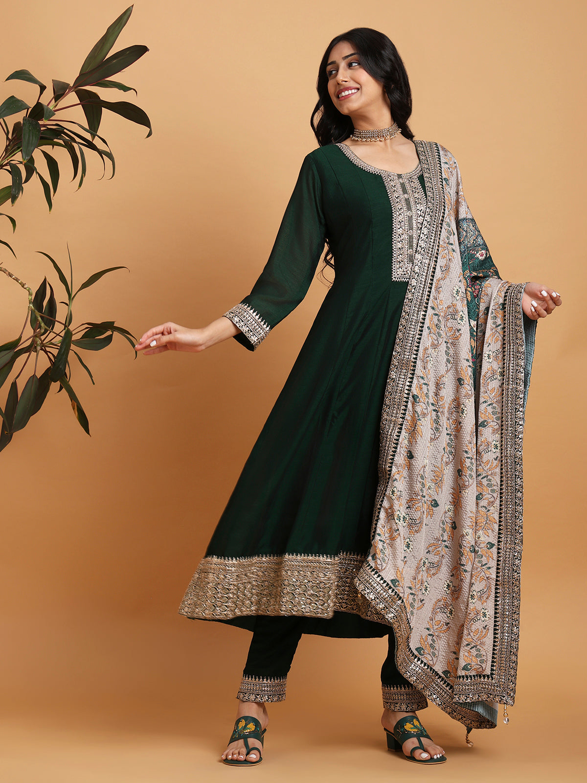 Dark green anarkali kurta set with cream printed dupatta