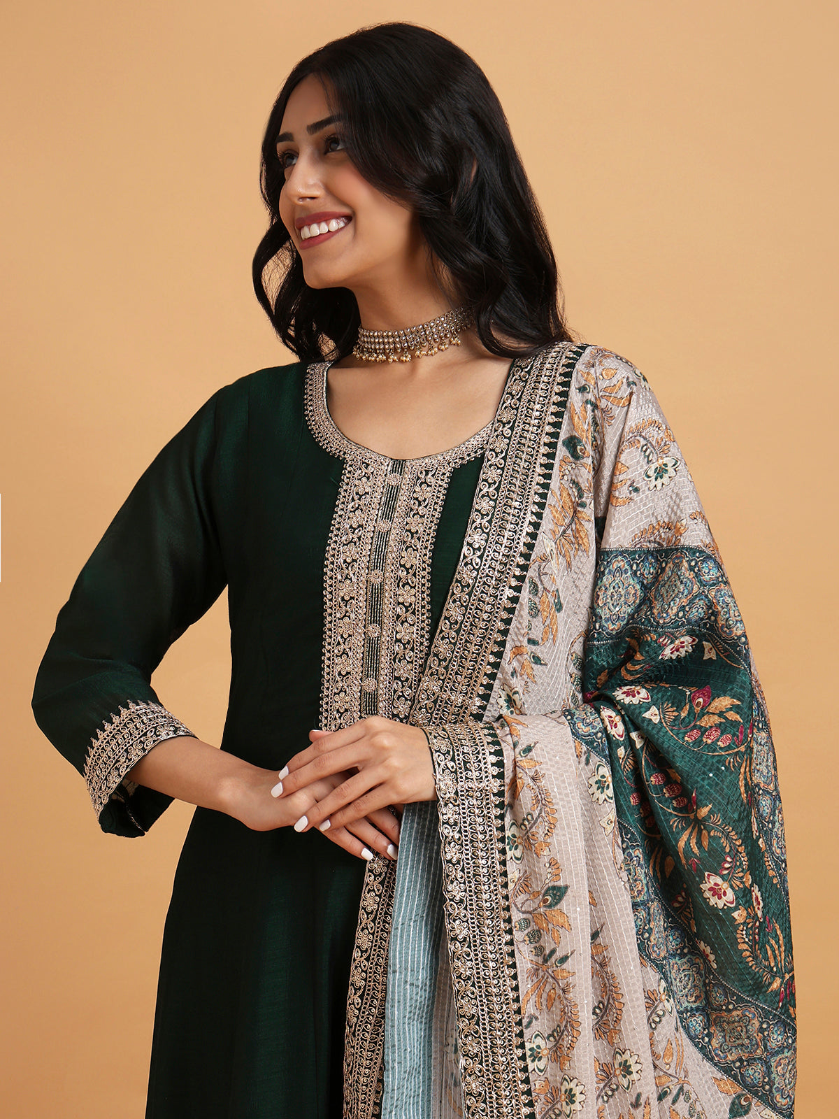 Dark green anarkali kurta set with cream printed dupatta