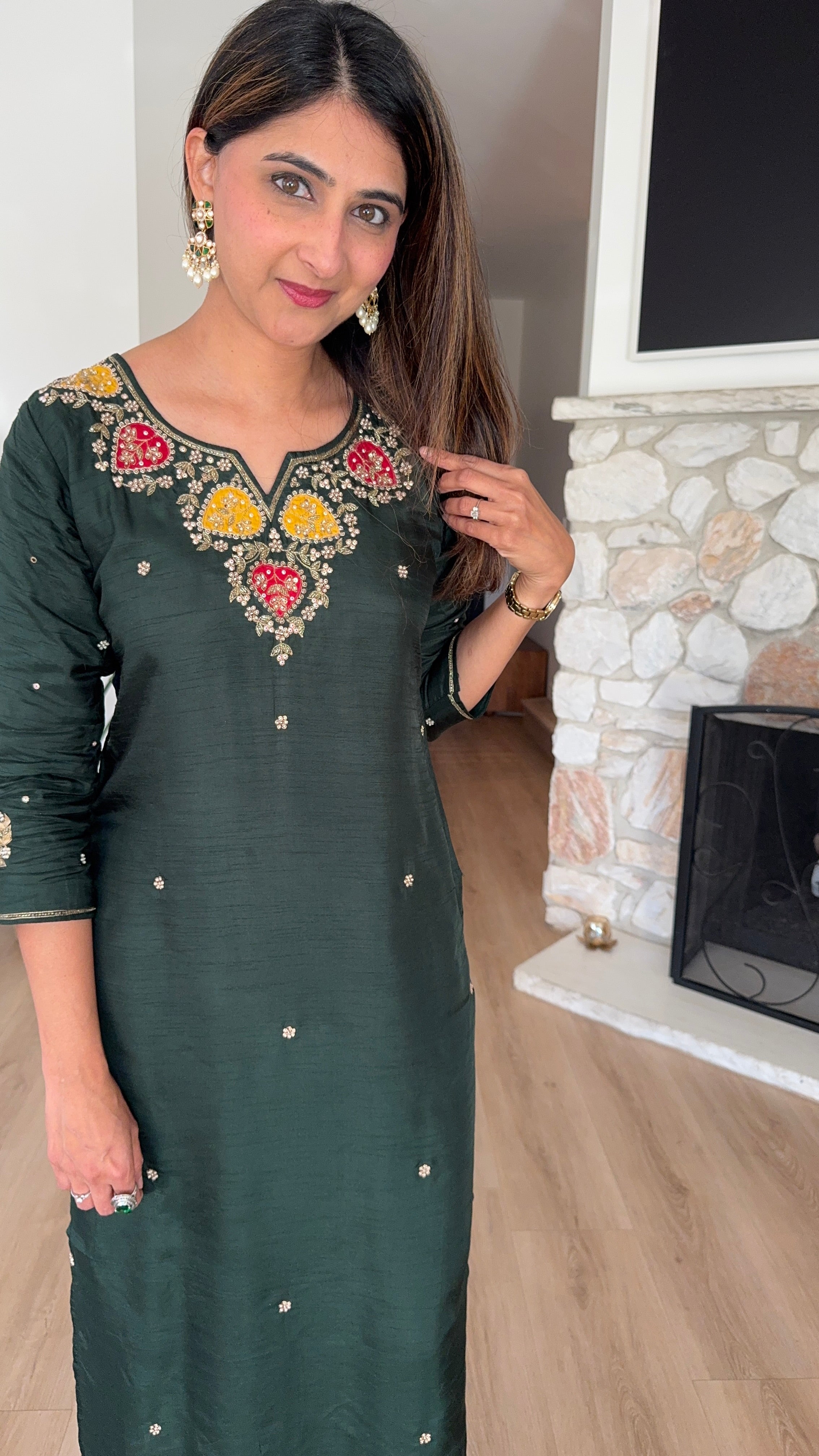 Dark green dola silk kurta set with woven dupatta