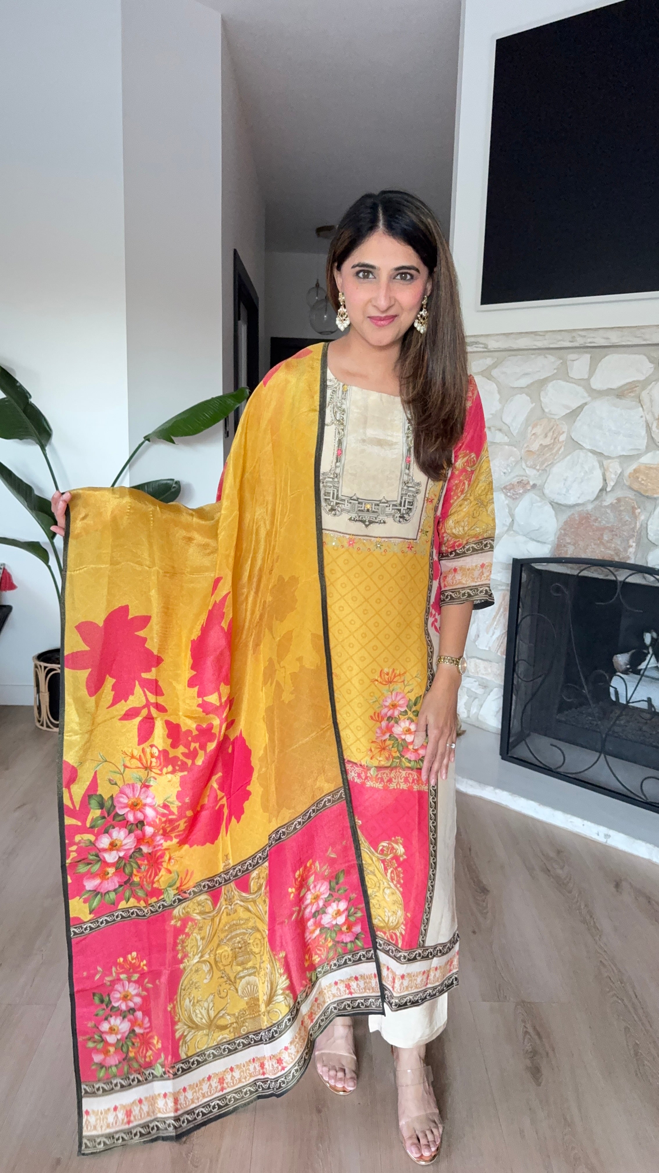 Mustard yellow and beige shimmer tissue printed kurta set