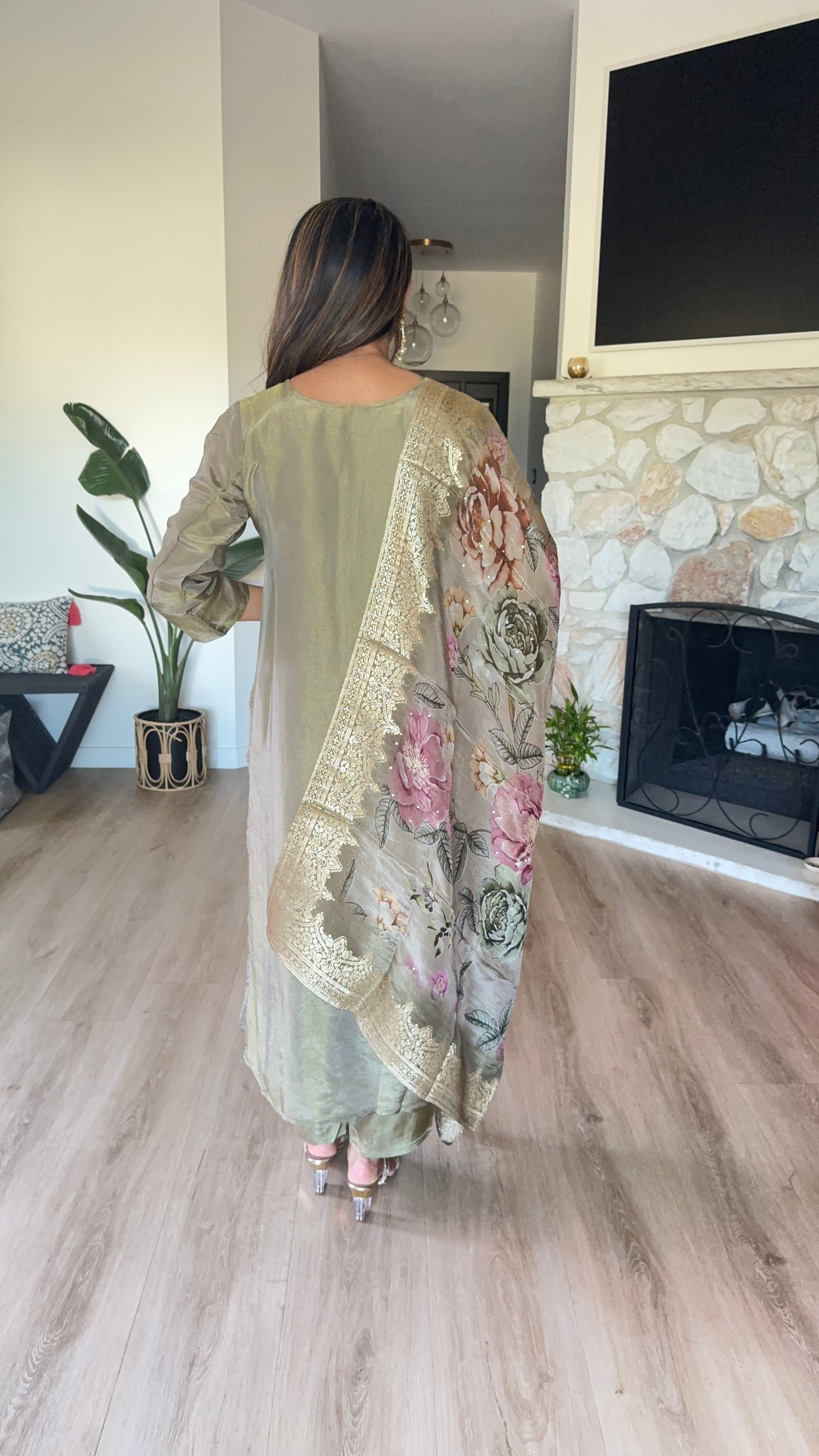Olive green soft shimmer tissue silk kurta set with multi floral organza dupatta