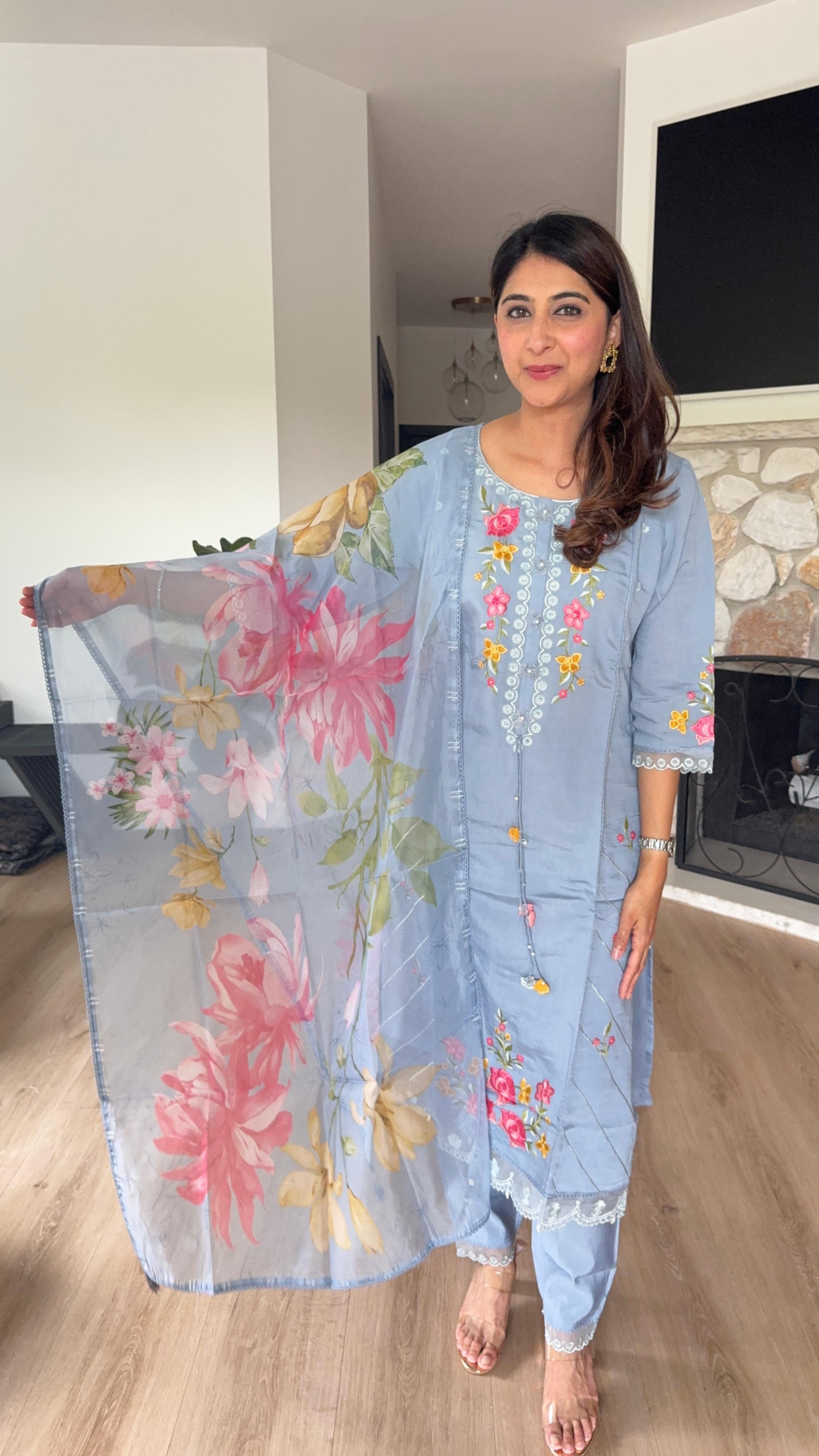 Light blue muslin kurta set with organza floral printed dupatta