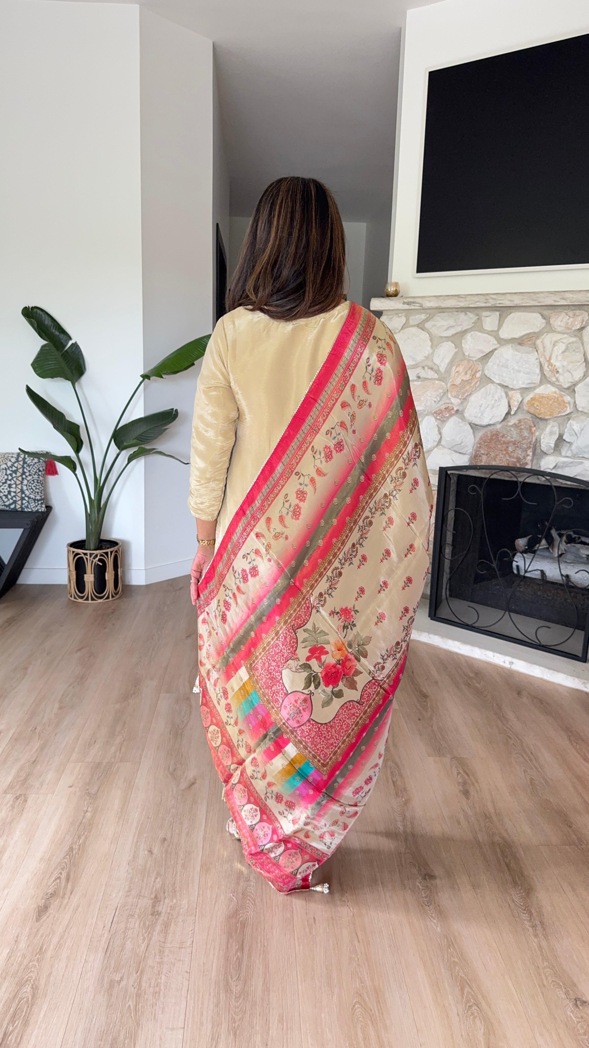 Beige shimmer silk kurta set with pink printed crepe dupatta