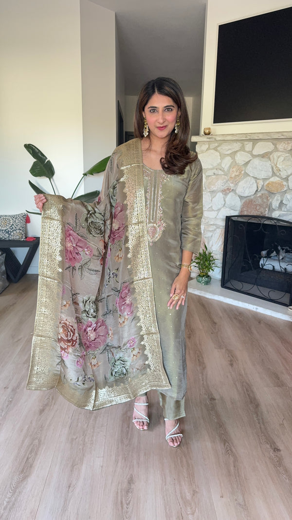 Olive green soft shimmer tissue silk kurta set with multi floral organza dupatta