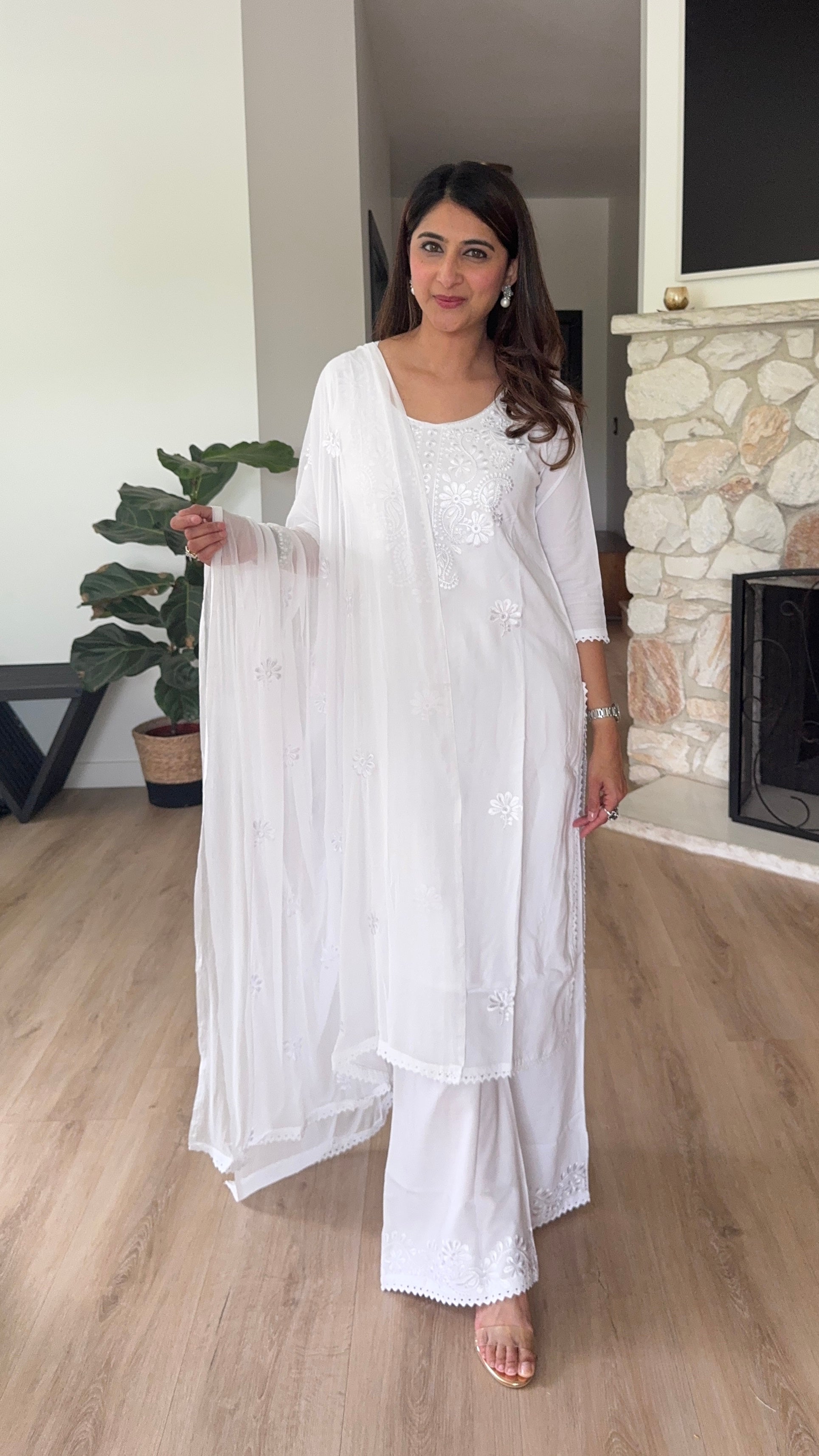 White rayon kurta and palazzo set with chiffon dupatta