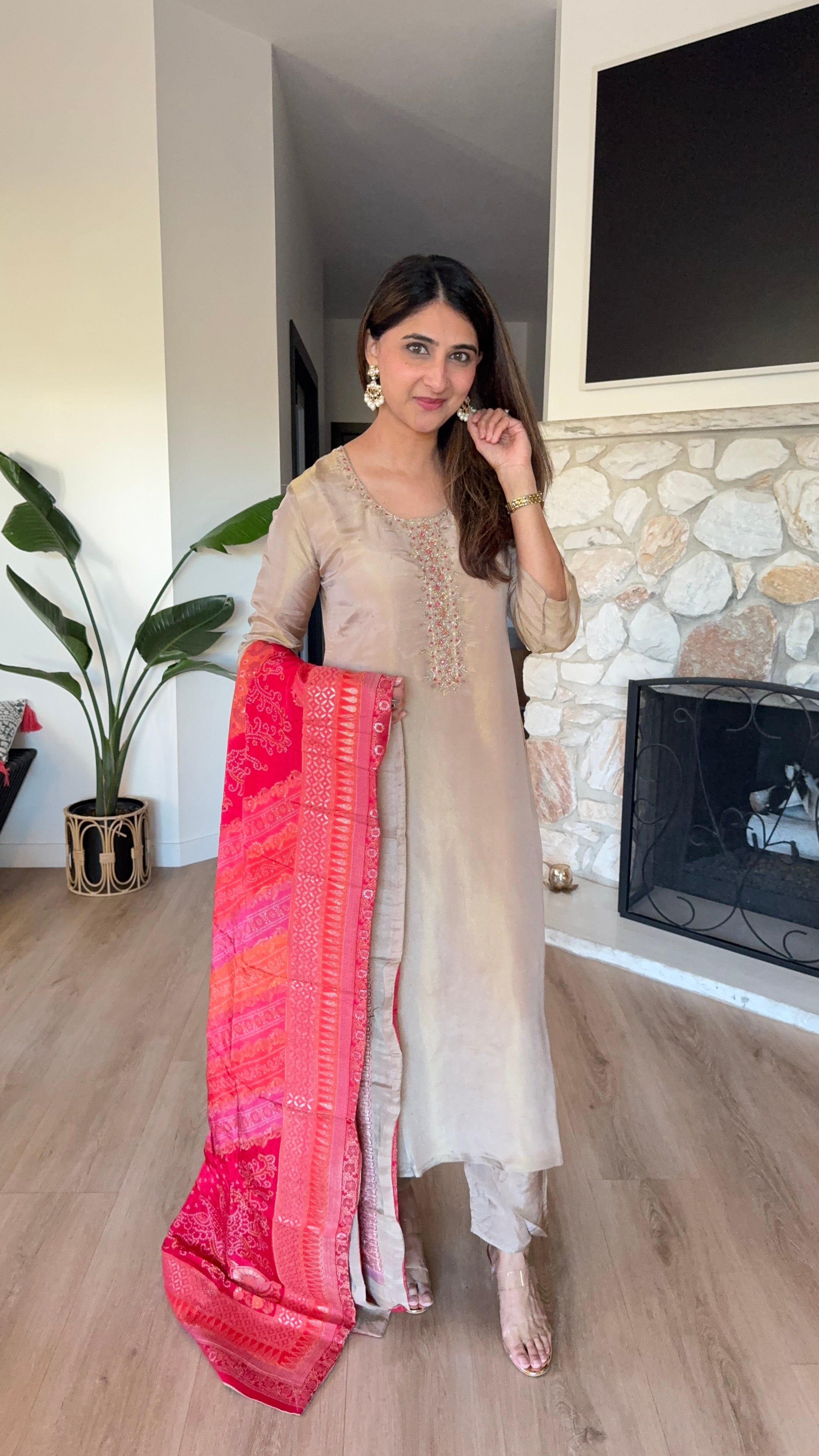 Dark beige shimmer tissue kurta set with dark pink brocade dupatta