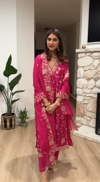 Deep pink kurta set with cutwork dupatta
