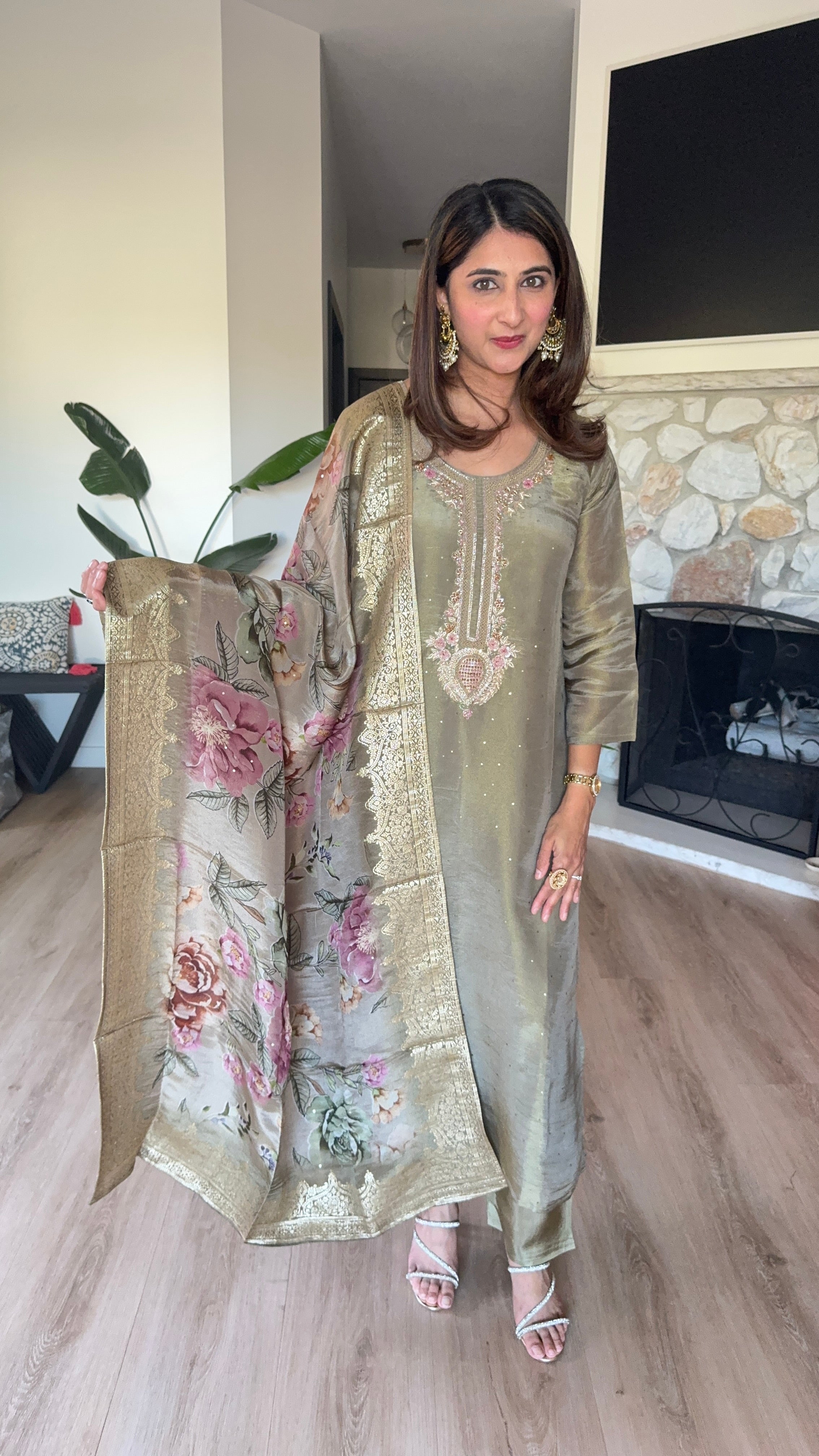 Olive green soft shimmer tissue silk kurta set with multi floral organza dupatta