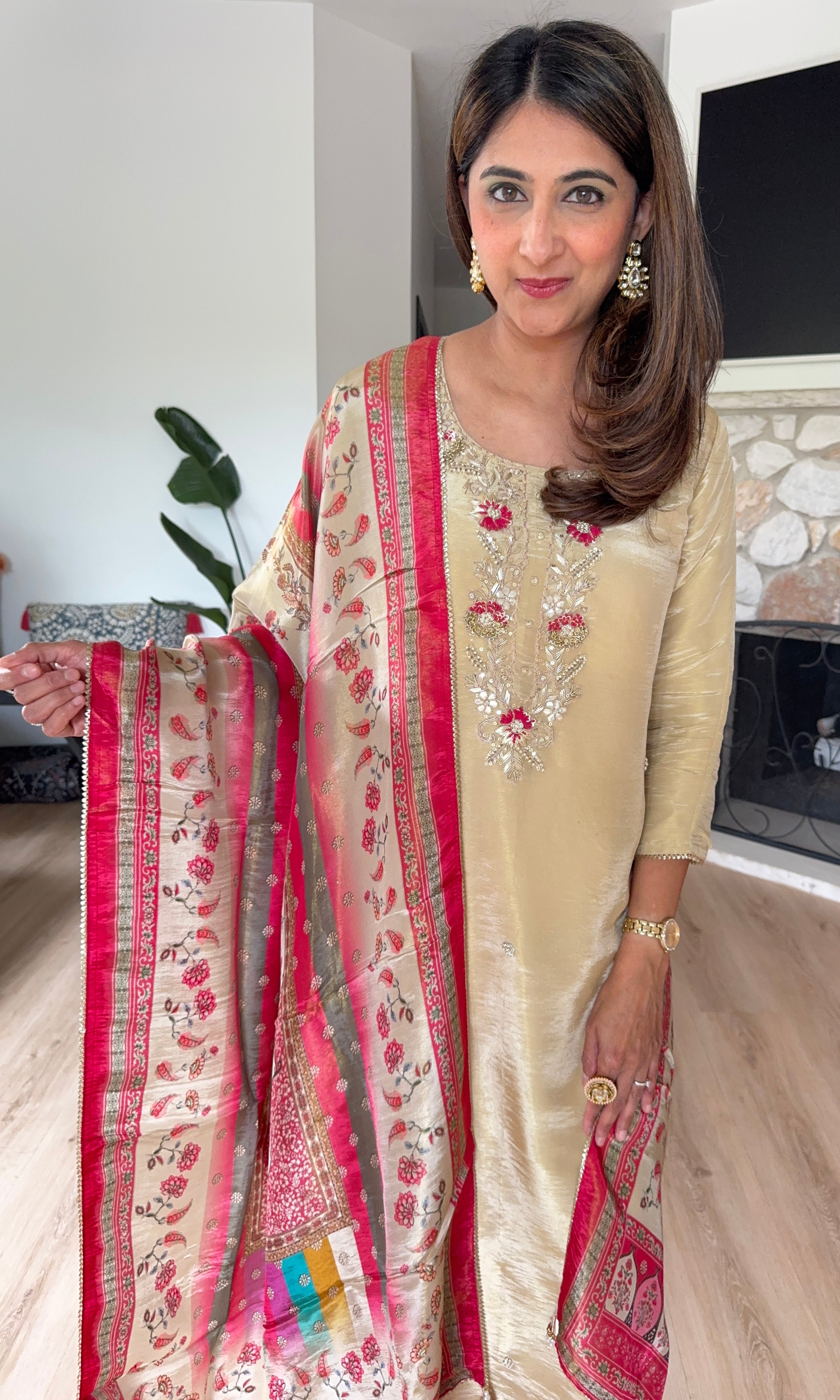 Beige shimmer silk kurta set with pink printed crepe dupatta