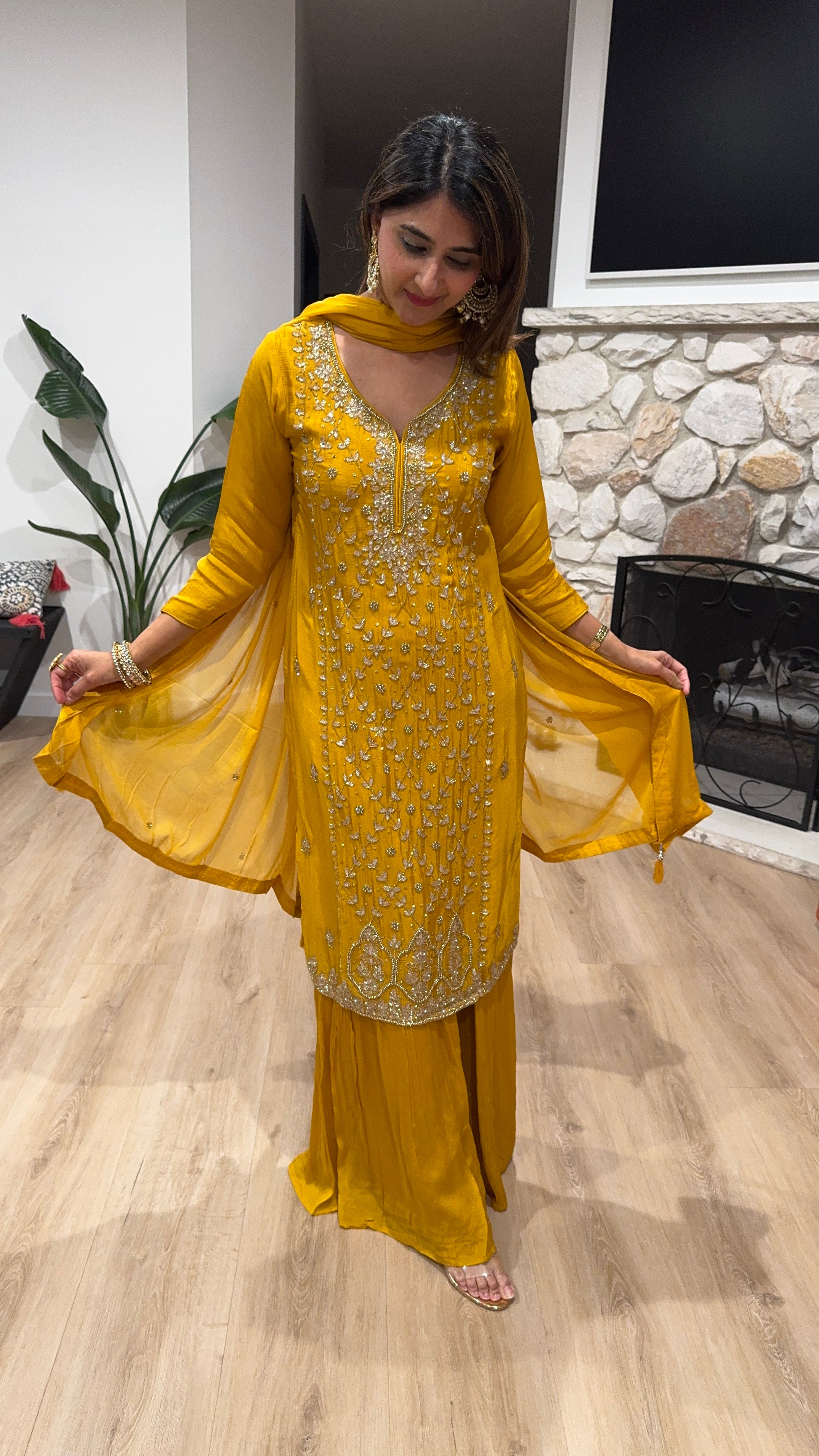 Golden yellow chiffon sharara set with chiffon dupatta