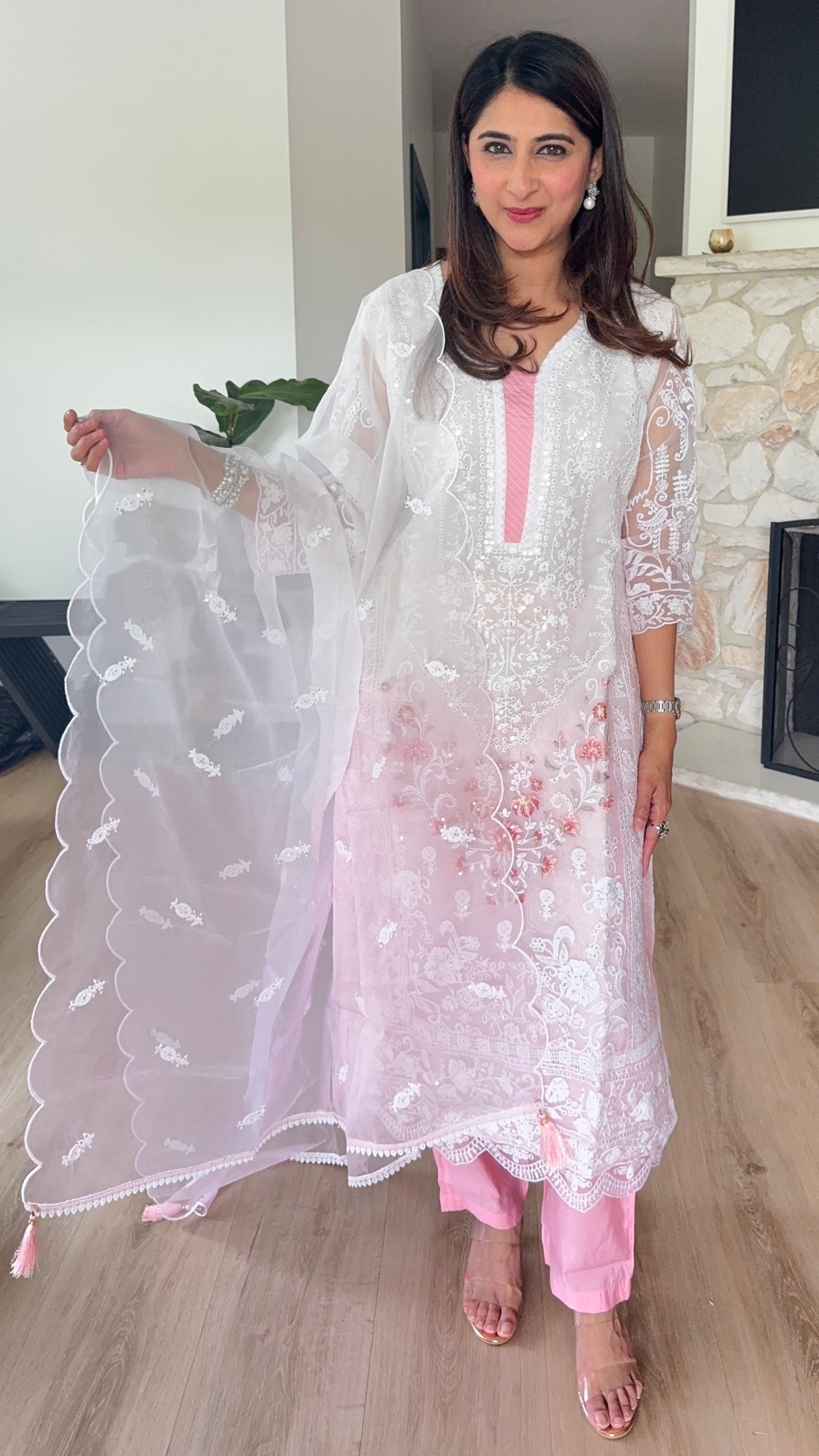 White and pink organza kurta set with organza dupatta