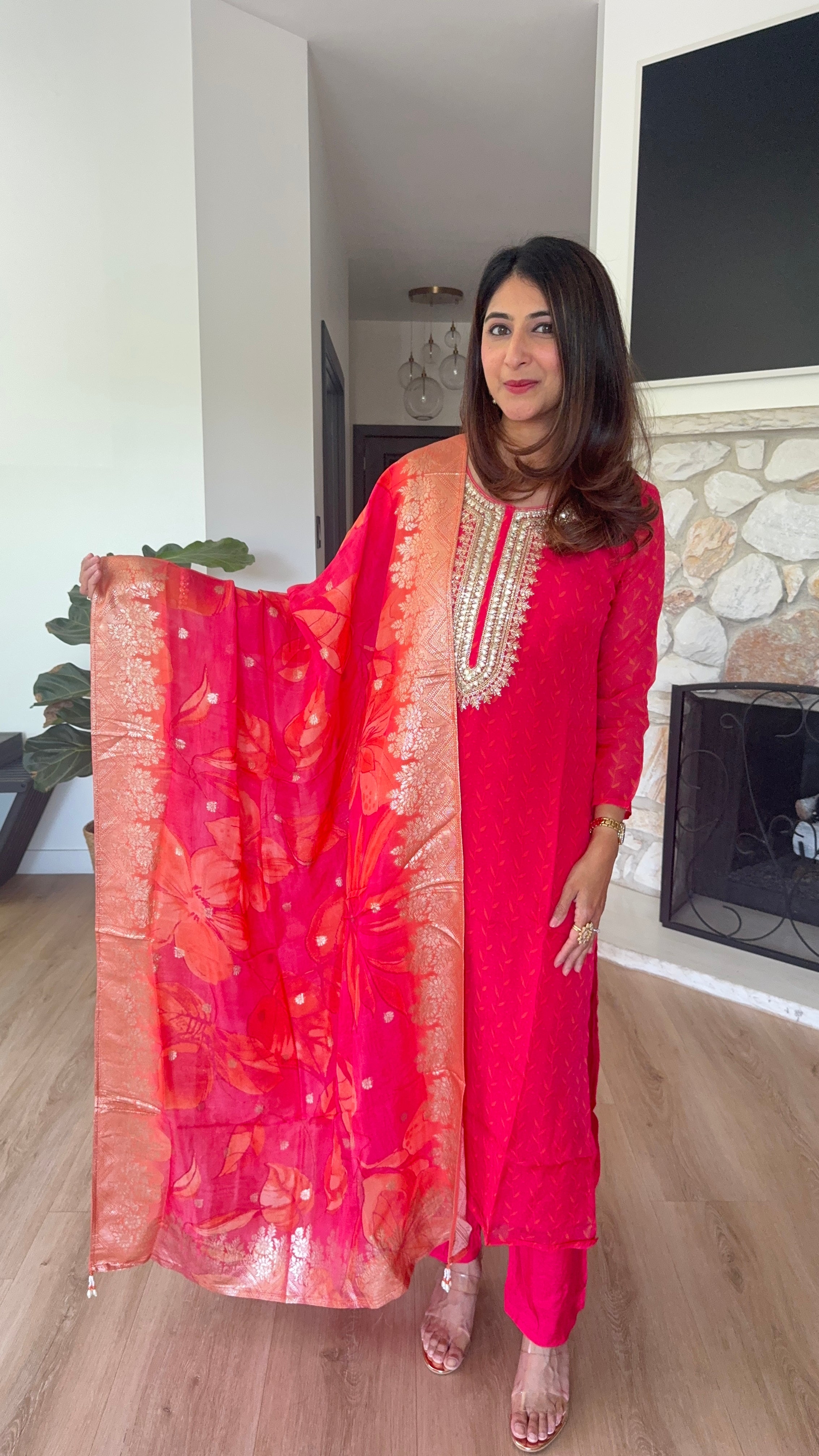 Bright red soft organza printed kurta set with red organza dupatta