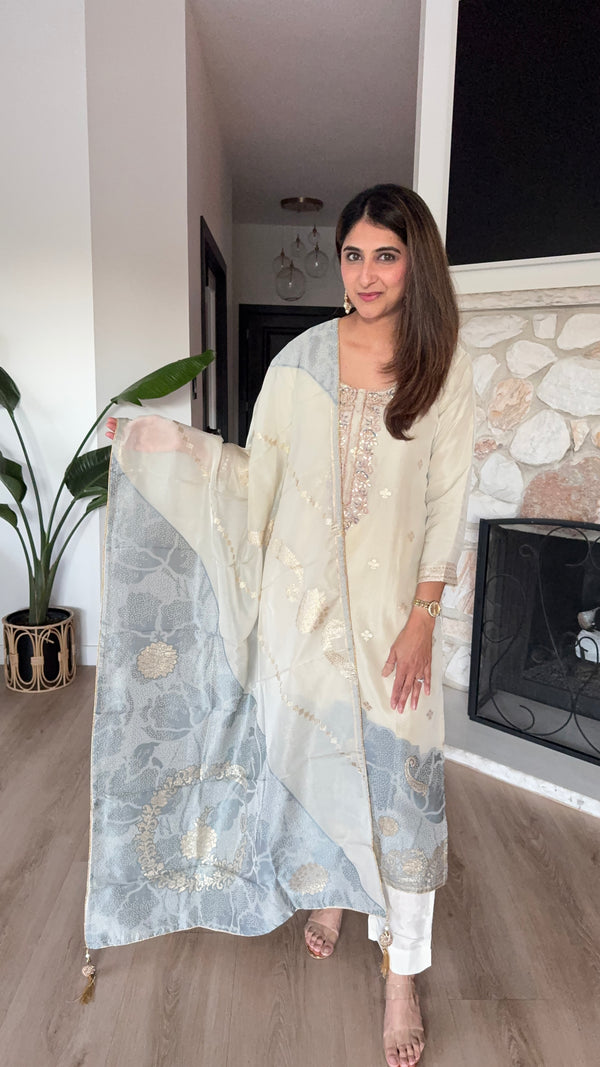 Ivory and blue tissue kurta set with tissue dupatta