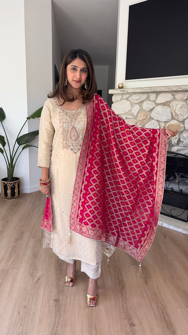 Light beige tissue silk kurta set with fuchsia pink banarasi khadi dupatta
