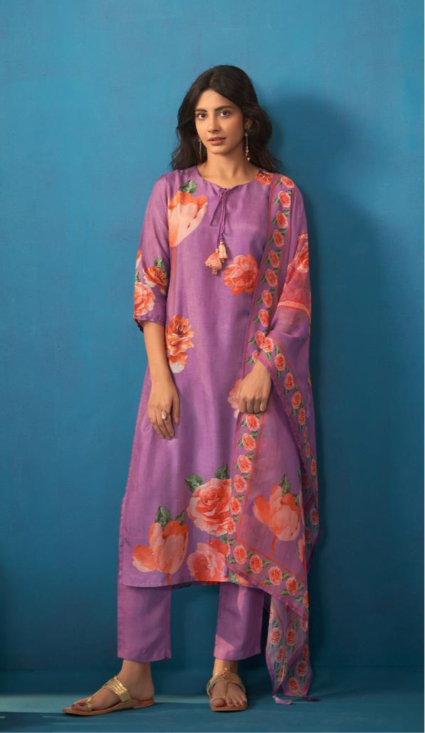 Purple rose printed silk kurta set with organza dupatta