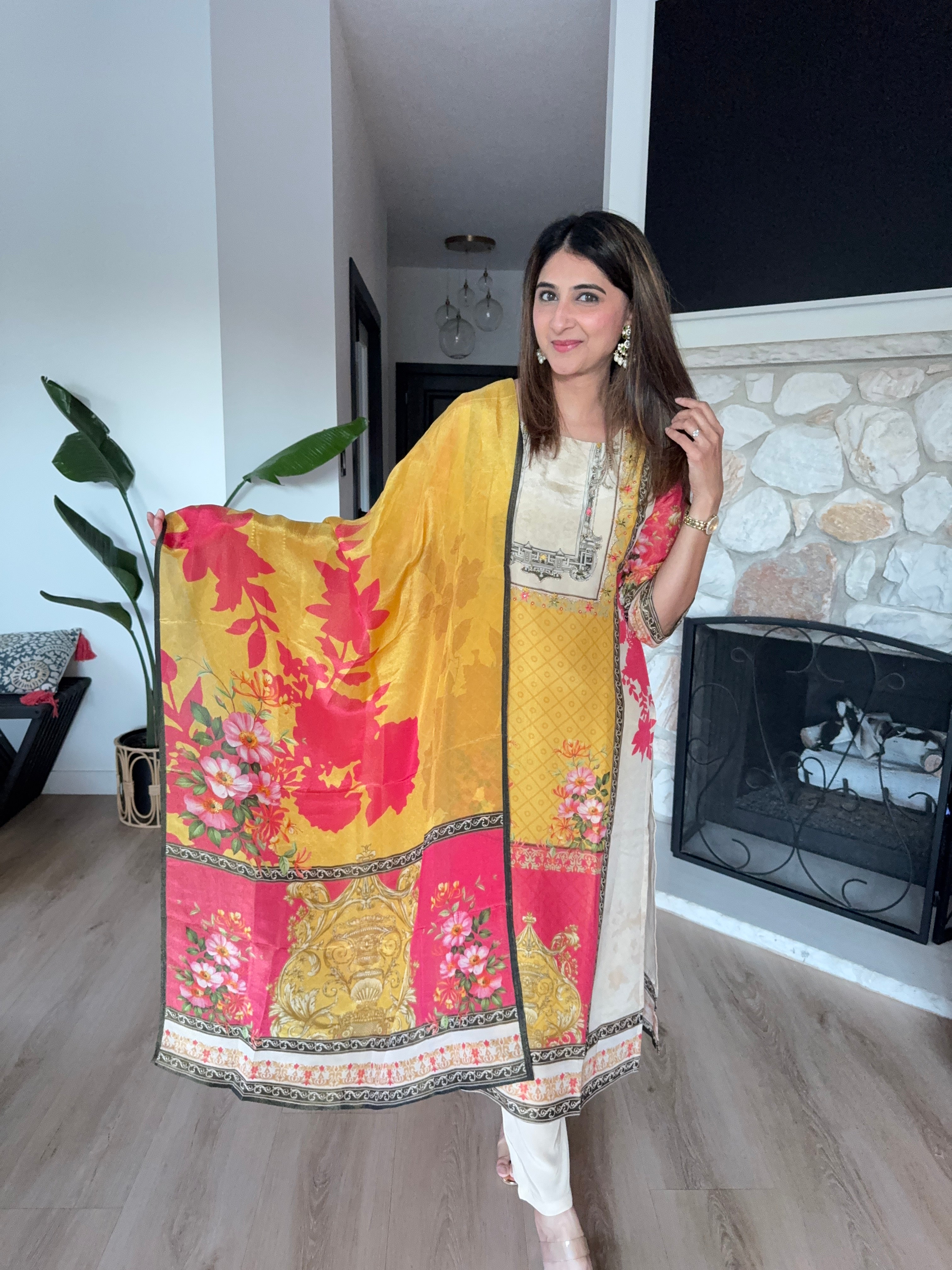 Mustard yellow and beige shimmer tissue printed kurta set