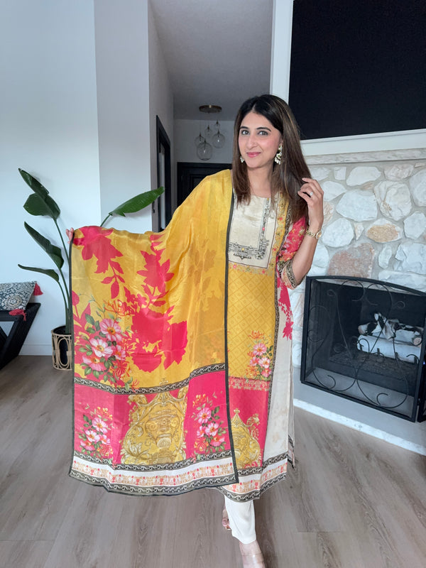 Mustard yellow and beige shimmer tissue printed kurta set