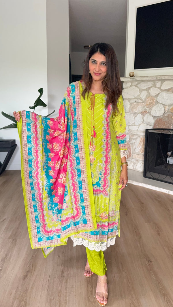 Lime green printed muslin kurta set with lace detailing