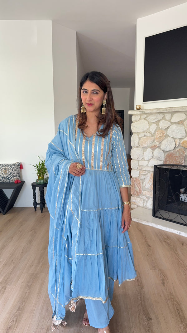 Sky blue with gold stripe anarkali set