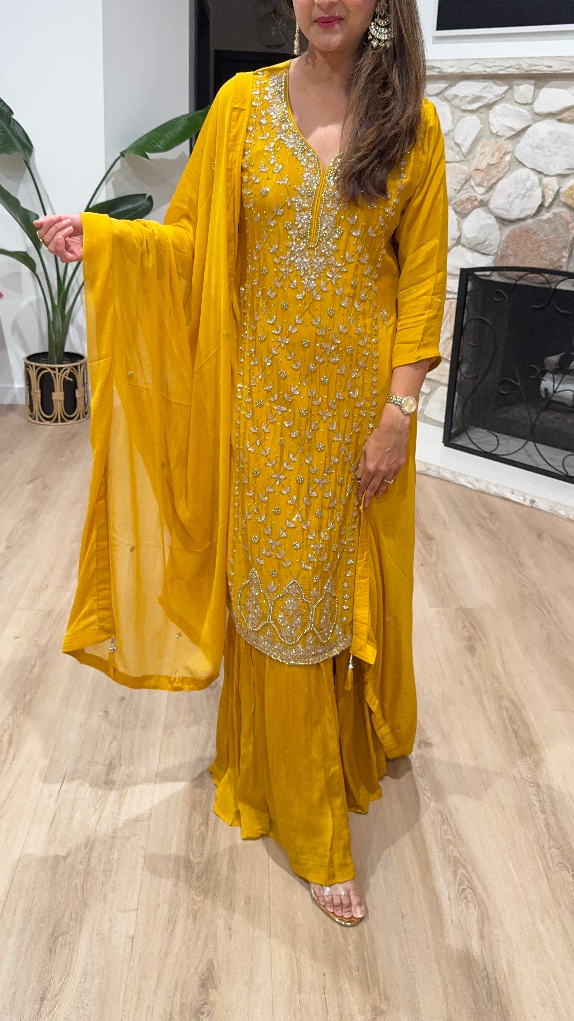 Golden yellow chiffon sharara set with chiffon dupatta
