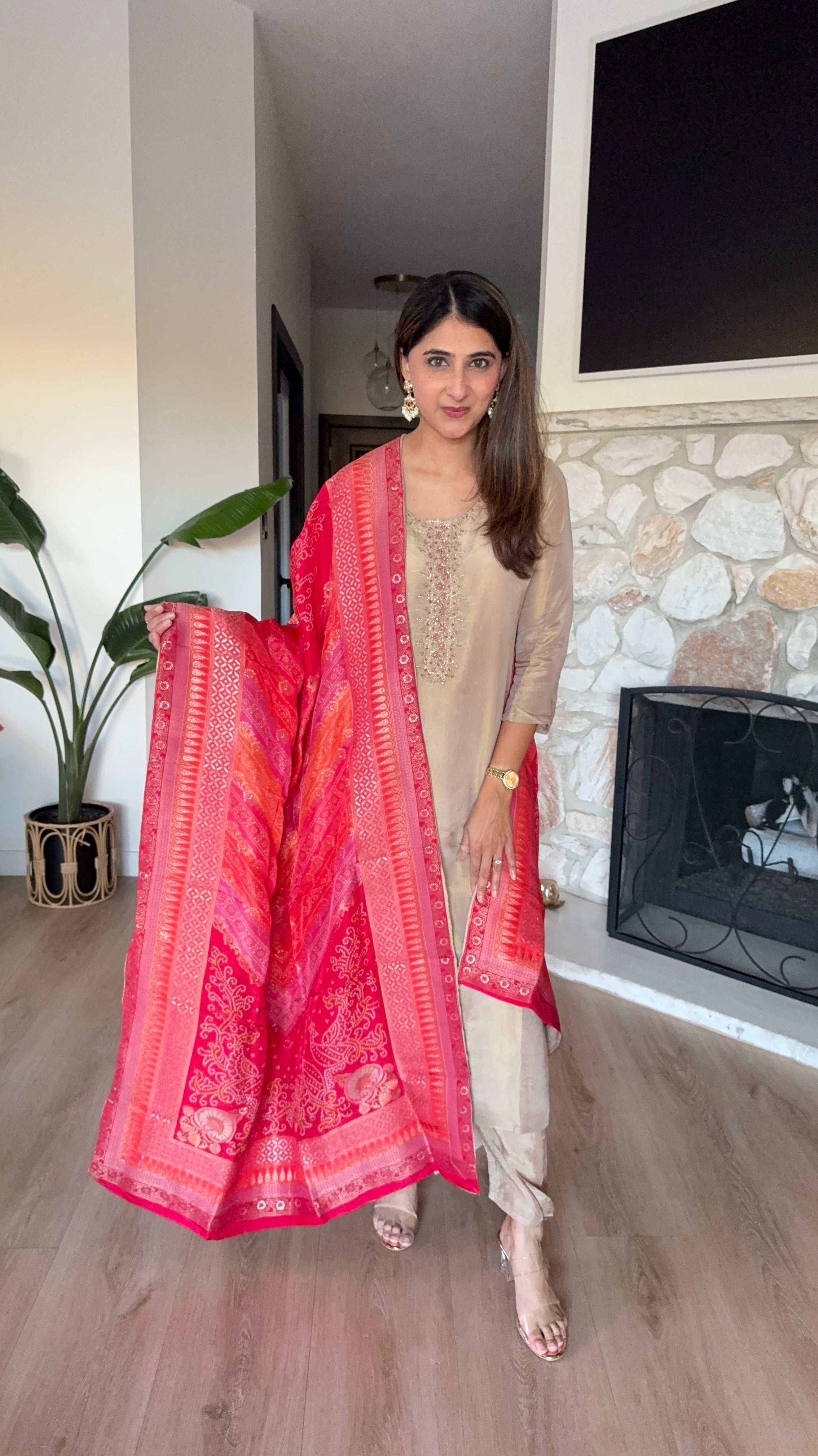 Dark beige shimmer tissue kurta set with dark pink brocade dupatta