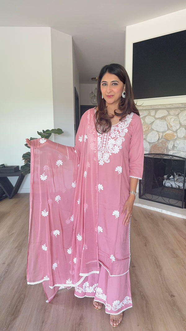 Dark mauve with white threadwork rayon kurta and palazzo set