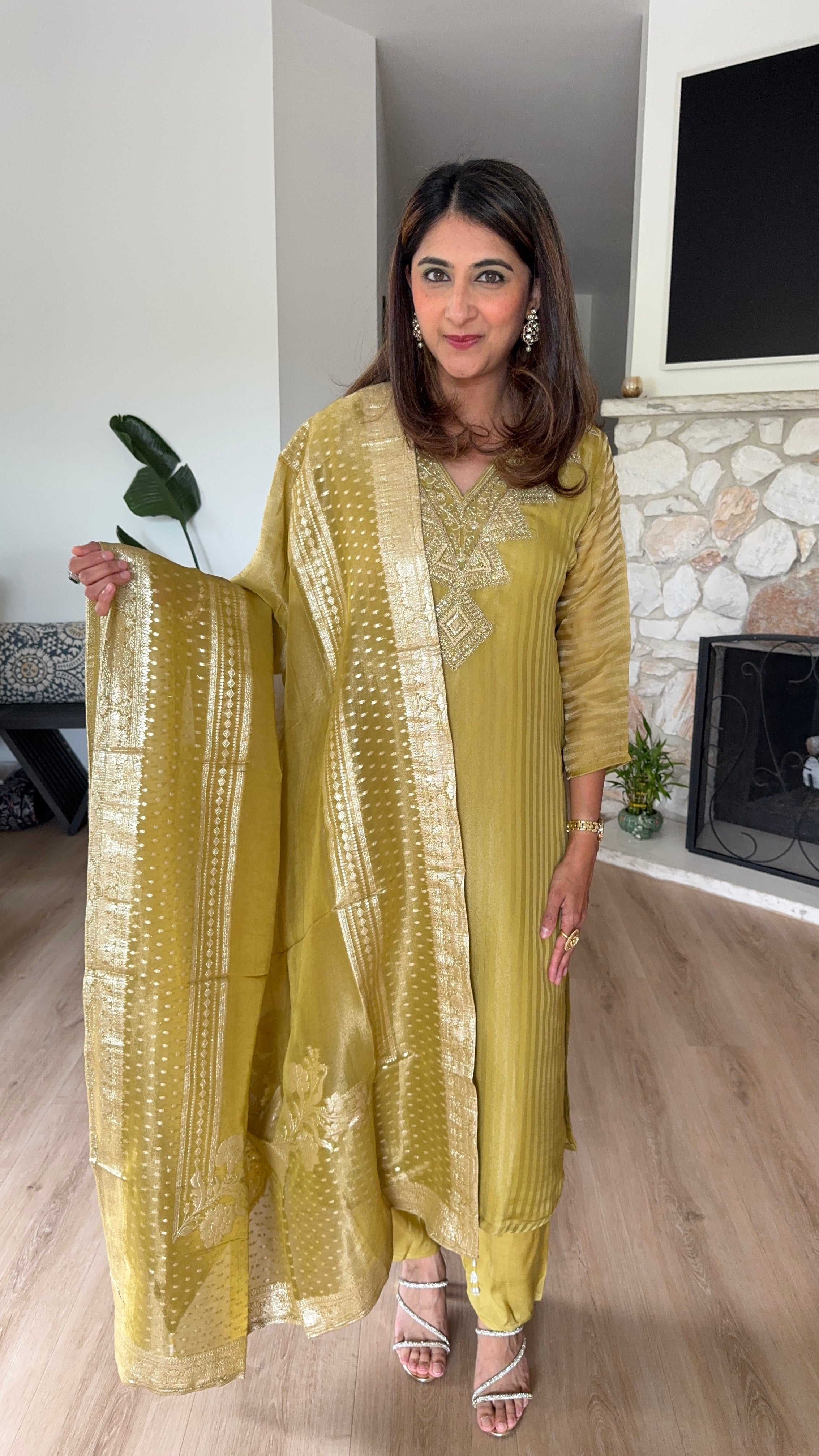 Mustard green silk jacquard kurta set with matching soft organza dupatta