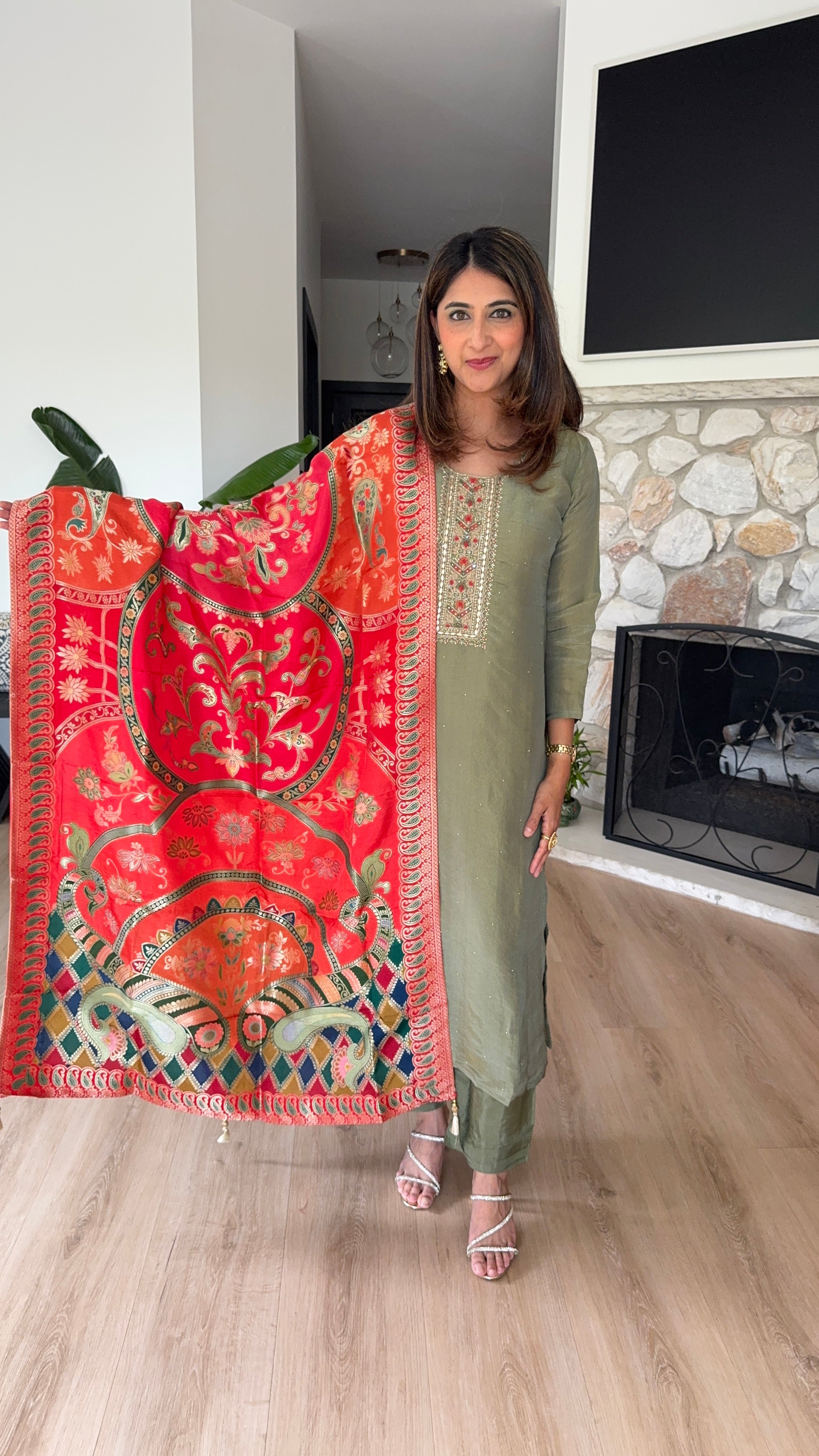 Olive green shimmer silk kurta set with red brocade dupatta