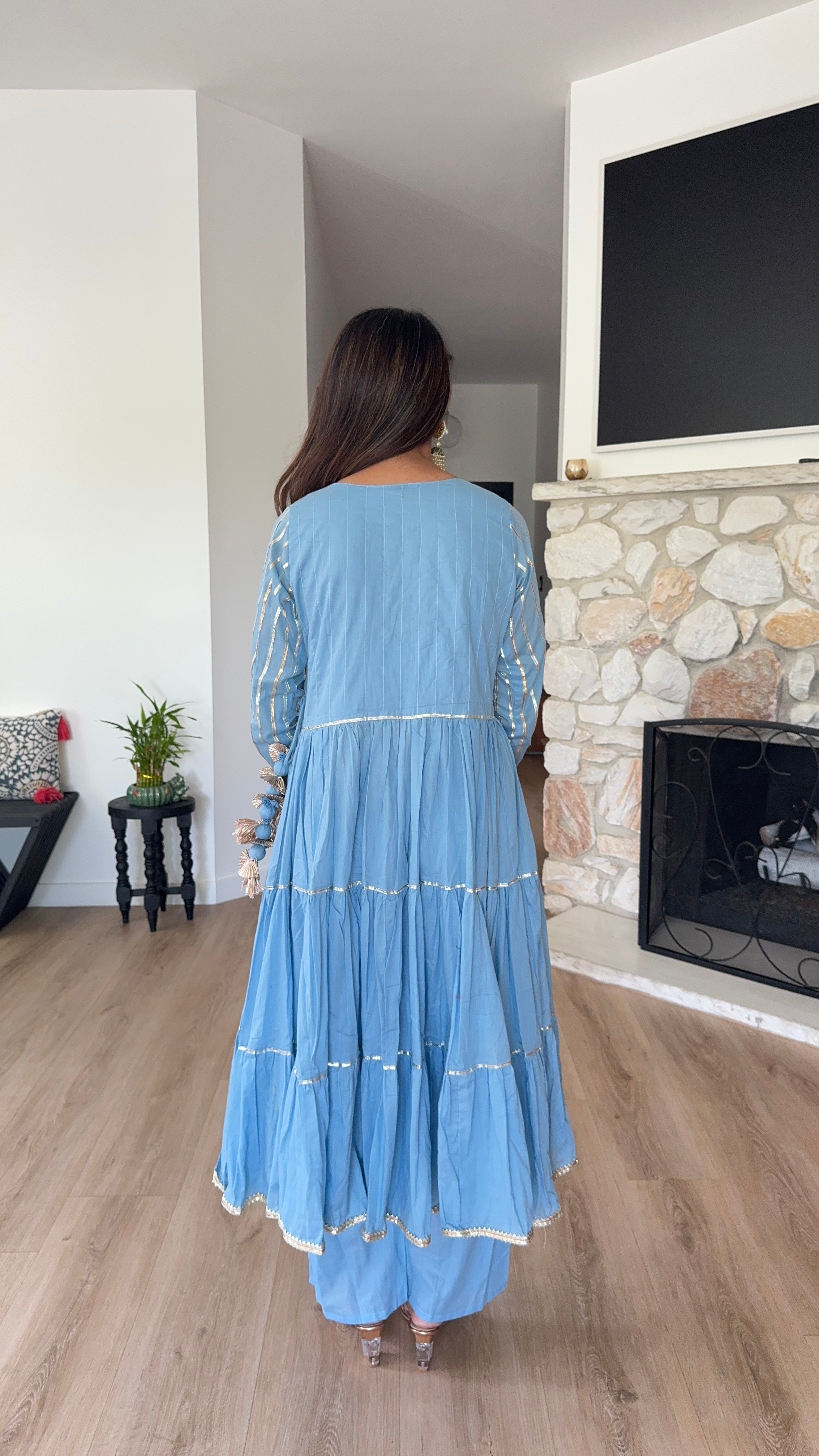 Sky blue with gold stripe anarkali set