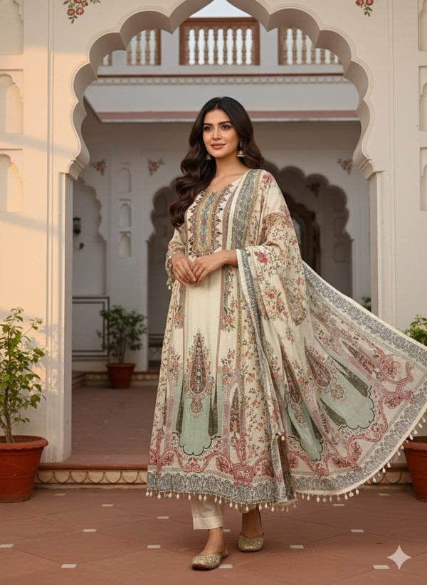 Ivory multicolor printed crepe A-line set with printed dupatta