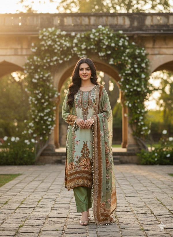 Green and ivory printed crepe A-line kurta set with printed dupatta