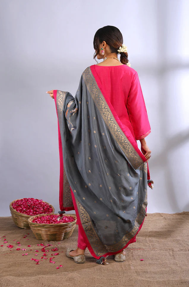 Dark pink muslin jacquard kurta set with grey dupatta