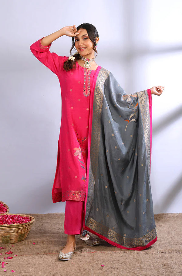 Dark pink muslin jacquard kurta set with grey dupatta