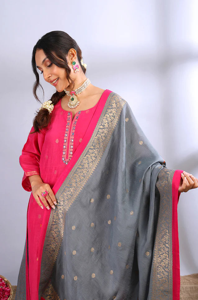 Dark pink muslin jacquard kurta set with grey dupatta