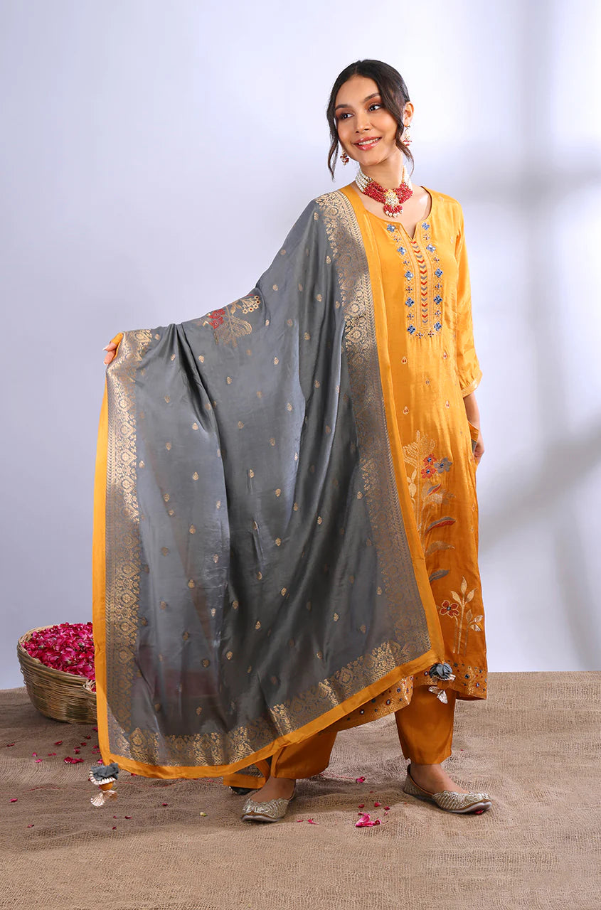 Dark mustard muslin jacquard kurta set with grey dupatta