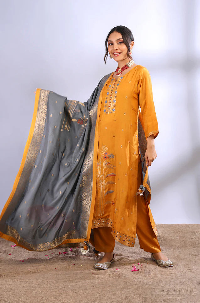 Dark mustard muslin jacquard kurta set with grey dupatta