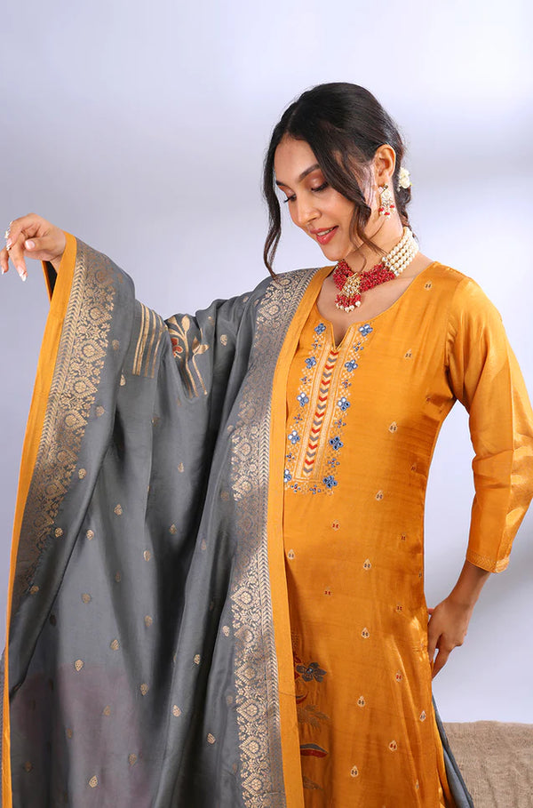 Dark mustard muslin jacquard kurta set with grey dupatta