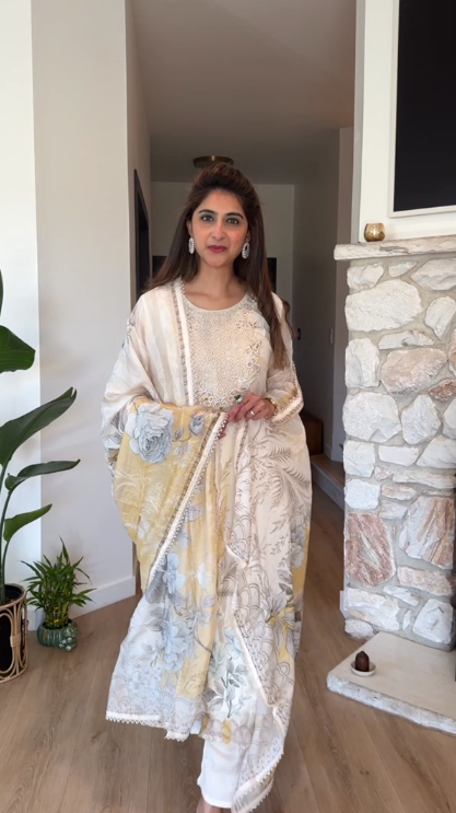 Ivory and yellow muslin kurta set
