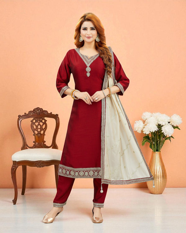 Maroon chinon silk kurta set with ivory dupatta