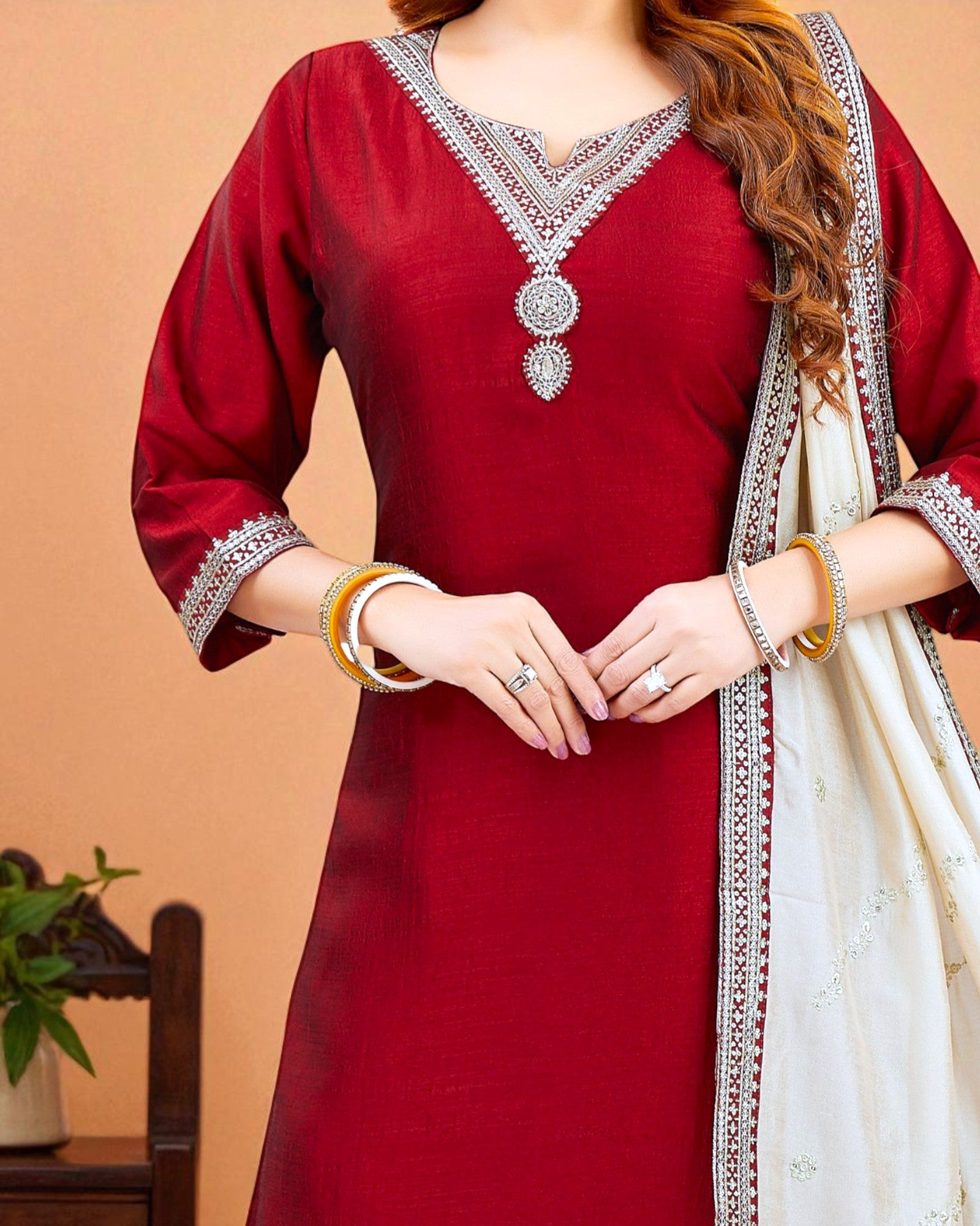 Maroon chinon silk kurta set with ivory dupatta