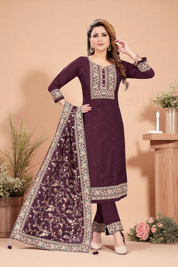 Plum silk blend floral embroidered kurta set