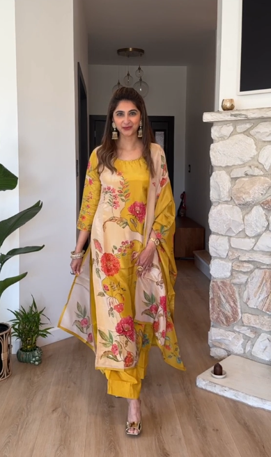 Mustard yellow floral printed shimmer tissue kurta set