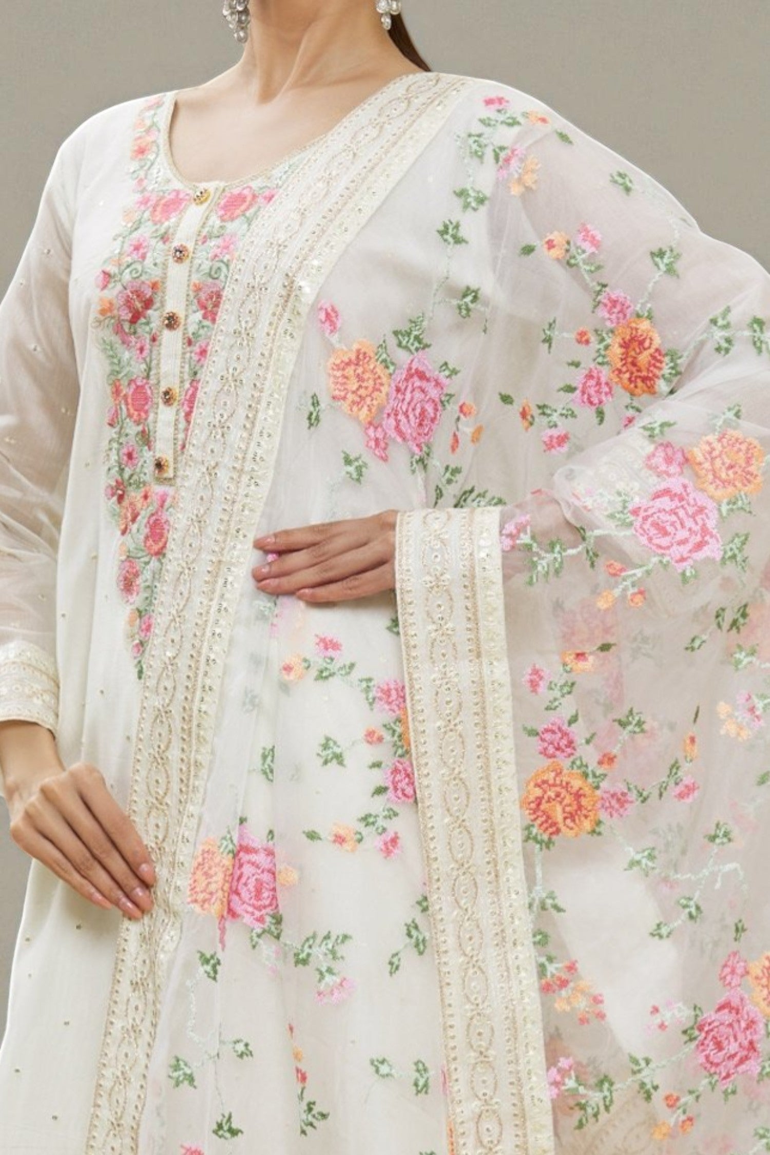 Off white soft silk kurta set with organza dupatta