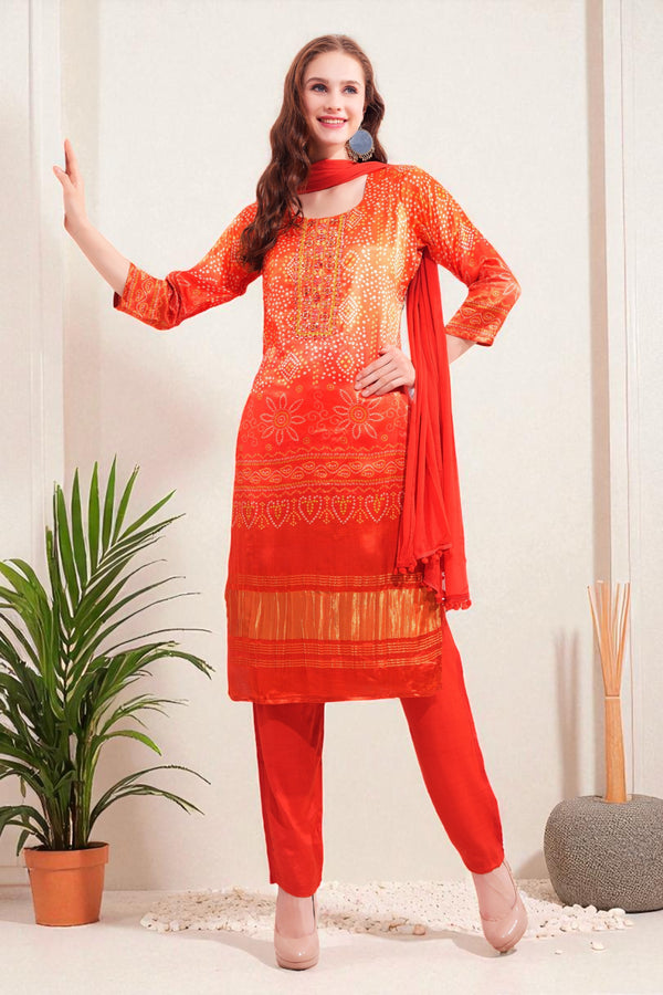 Deep orange modal silk bandhani printed kurta set with red chiffon dupatta