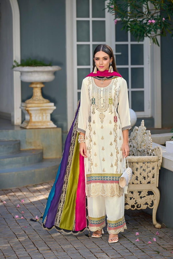 Pearl white kurta set with multicolor dupatta