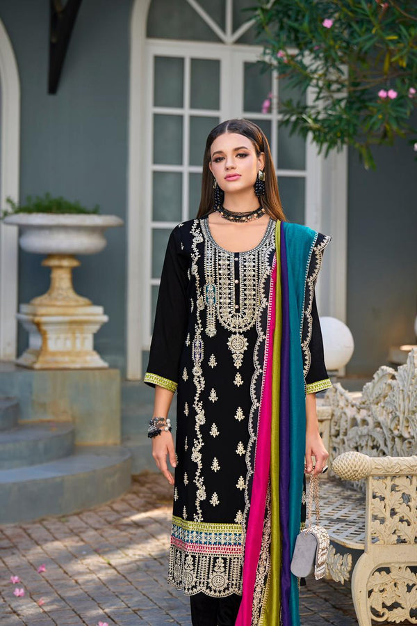 Black kurta set with multi color dupatta