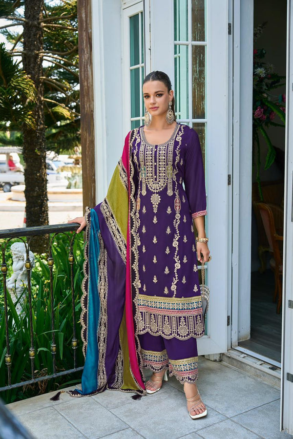 Indigo kurta set with multi colour dupatta