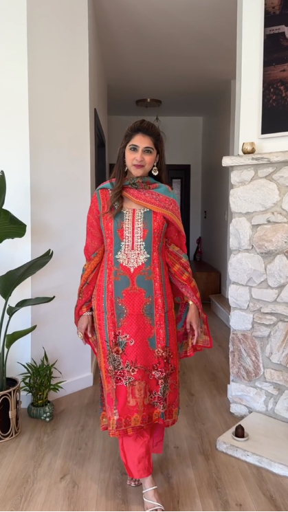 Red and blue printed soft organza kurta set with zardozi embroidery