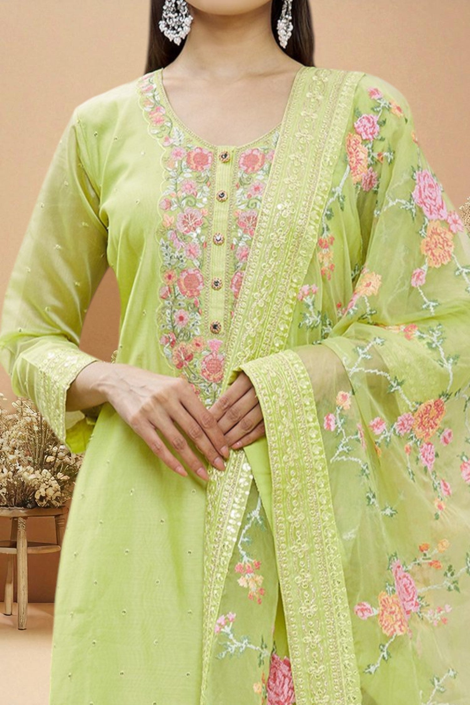Pistachio glass silk kurta set with organza dupatta